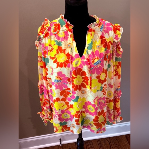Women’s SUGARLIPS Zippy Tropical Raj Ruffle Balloon Sleeve Blouse- Size Medium - Picture 9 of 12